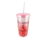 Cumpara ieftin Pahar termoizolant cu pereți dubli și gel de răcire, capac roz și pai, 420 ml