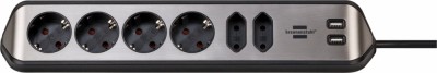 Prelungitor pentru perete colt Brennenstuhl Estilo 6 prize, 2 USB, 3.1 A, 2m Inox, Adeziv inclus, Argintiu-Negru foto