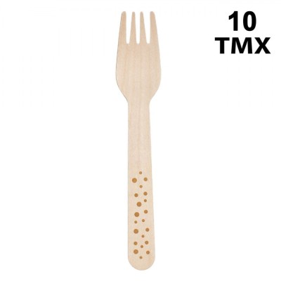 Set Furculițe Petrecere, Model Buline Aurii, Lemn, 16 cm, 10 Bucăți foto