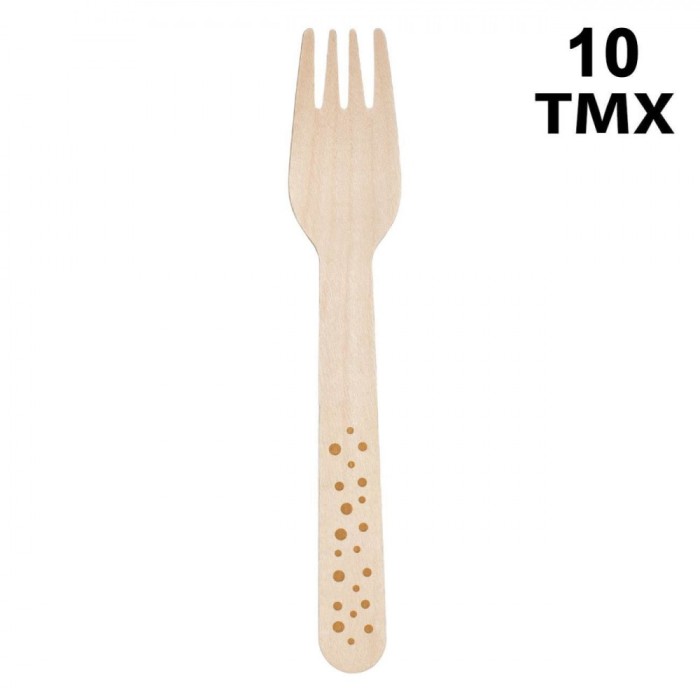 Set Furculițe Petrecere, Model Buline Aurii, Lemn, 16 cm, 10 Bucăți
