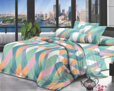 Lenjerie de pat pentru o persoana cu husa elastic pat si 2 fete perna dreptunghiulara, Ishana, bumbac mercerizat, multicolor foto