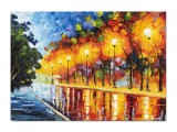 Cumpara ieftin Tablou pictat manual, Plimbare relaxanta la lumina felinarelor, 70x50cm ulei pe panza in cutit efect 3D, gata de expus pe perete