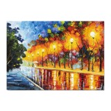 Tablou pictat manual, Plimbare relaxanta la lumina felinarelor, 70x50cm ulei pe panza, Spectaculos