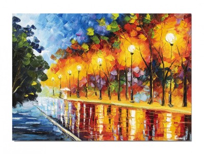 Tablou pictat manual, Plimbare relaxanta la lumina felinarelor, 70x50cm ulei pe panza, Spectaculos foto