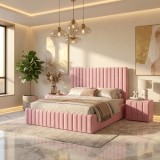 Pat Adela Roz Catifea Premium Cu Noptiere Tapitate &Icirc;n stoc