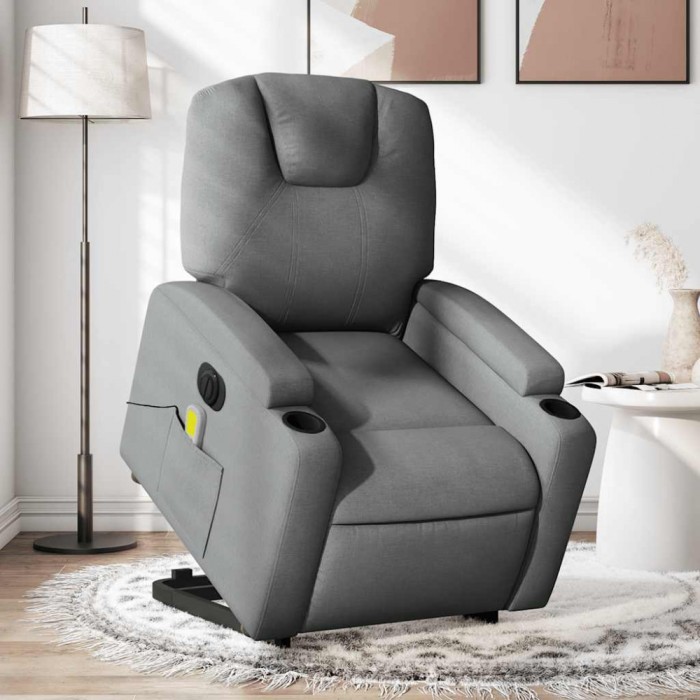 vidaXL Fotoliu electric masaj rabatabil cu ridicare, gri &icirc;nchis textil