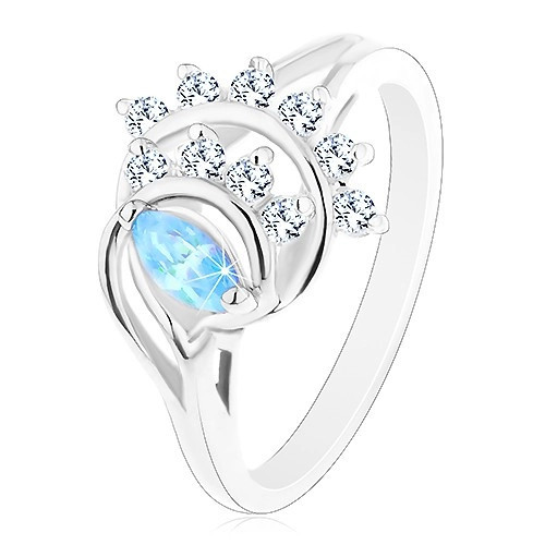 Inel de culoare argintie, formă de bob albastră, arcade din zirconiu transparent - Marime inel: 50