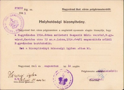 A2201 Adeverință de domiciliu, 1941, Oradea foto