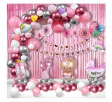 Arcada baloane 150 piese, Baby Girl/Baby Shower/It&#039;s a Girl, 10 figurine folie de aluminiu, Perdele decorative, Roz/Mov