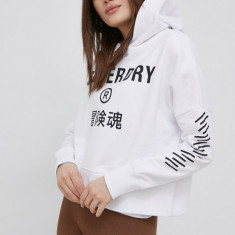 Superdry hanorac de bumbac femei, culoarea alb, cu imprimeu