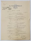 LE GRAND HOTEL PARIS , MENIUL RESTAURANTULUI , 2 OCTOMBRIE , 1930 , TEXT IN LB. FRANCEZA