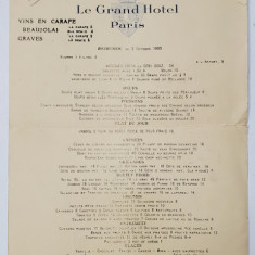 LE GRAND HOTEL PARIS , MENIUL RESTAURANTULUI , 2 OCTOMBRIE , 1930 , TEXT IN LB. FRANCEZA