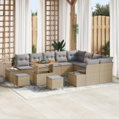 Set canapele gradina Gossi 12 piese cu perne bej poliratan acacia, set dining gradina Gossi 3 piese cu perne bej poliratan acacia, canapea gradina dou
