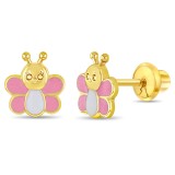 Cercei din Aur 14K pentru Bebelusi, model Fluturasi Email, inchidere cu Filet si Protectie