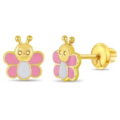 Cercei din Aur 14K pentru Bebelusi, model Fluturasi Email, inchidere cu Filet si Protectie