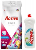 Cumpara ieftin Detergent pudra pentru rufe colorate Active, sac 10kg, 135 spalari + Detergent de vase lichid Active, 1 litru, cocos