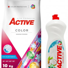 Detergent pudra pentru rufe colorate Active, sac 10kg, 135 spalari + Detergent de vase lichid Active, 1 litru, cocos