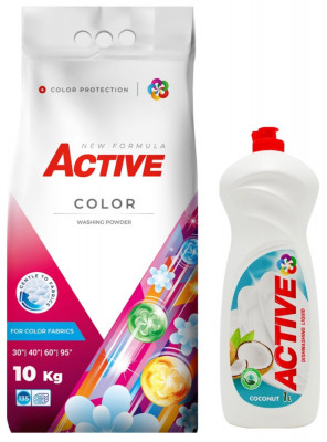 Detergent pudra pentru rufe colorate Active, sac 10kg, 135 spalari + Detergent de vase lichid Active, 1 litru, cocos foto