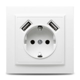 Priză USB 2.1A ELBI Racer Novelite Albă, Design Modern Standard German 1301-200, &Icirc;ncărcător Rapid Ideal Pentru Dormitor Birou Living Eficient