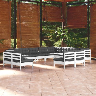 vidaXL Set mobilier grădină cu perne, 12 piese, alb, lemn masiv pin 3096876 foto