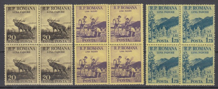 ROMANIA 1954 LP 360 LUNA PADURII SERIA IN BLOC DE 4 TIMBRE STARE MNH