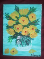TABLOU PE PANZA CU SASIU NOU 30X40 CM VAS CU FLORI PRET DOAR 20 LEI PICTOR FLORIAN