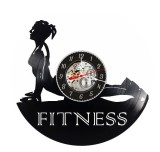 Ceas de perete decorativ realizat din disc de vinil, Model Yoga si Fitness, Silueta Femeie in Postura Cobra, Text Fitness, Negru Premium, 30 cm