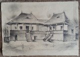 Casa romaneasca cu pridvor// desen in creion, Peisaje, Acuarela, Altul