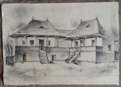 Casa romaneasca cu pridvor// desen in creion foto