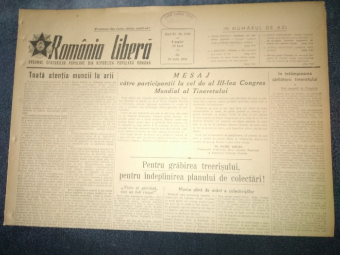 ZIARUL ROMANIA LIBERA 23 IULIE 1953