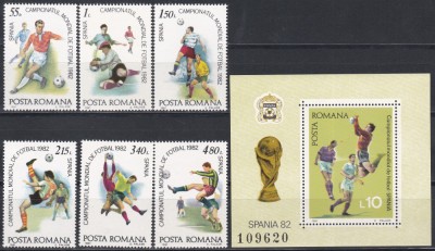 Rom&amp;acirc;nia 1981, LP. 1046, 1047 - C.M. de Fotbal - Spania, Serie + Coliţă dantelată, MNH foto