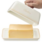 Vas din ceramica pentru unt Navaris, cu capac, alb crem, vintage, 60281.01