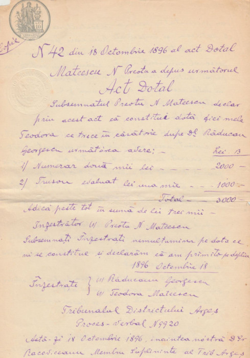 1896 Act dotal Pitesti, coala fiscala cu timbru fix 10 Lei si sec Tribunal Arges