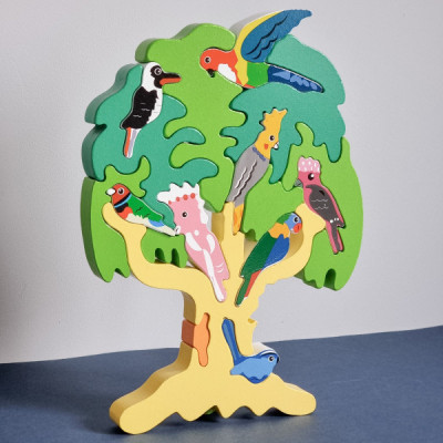 Joc de echilibru si stivuire puzzle 3D din lemn, Copac cu pasari 18 piese, 3 ani + foto