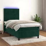 vidaXL Pat continental cu saltea și LED verde &icirc;nchis 80x200 cm catifea 3136212