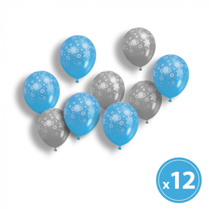 Set baloane - albastru, argintiu, cu motive de Craciun - 12 piese / pachet