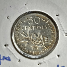 50 CENTIMES 1916 UNC -argint -FRANTA