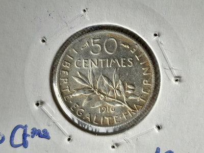 50 CENTIMES 1916 UNC -argint -FRANTA foto