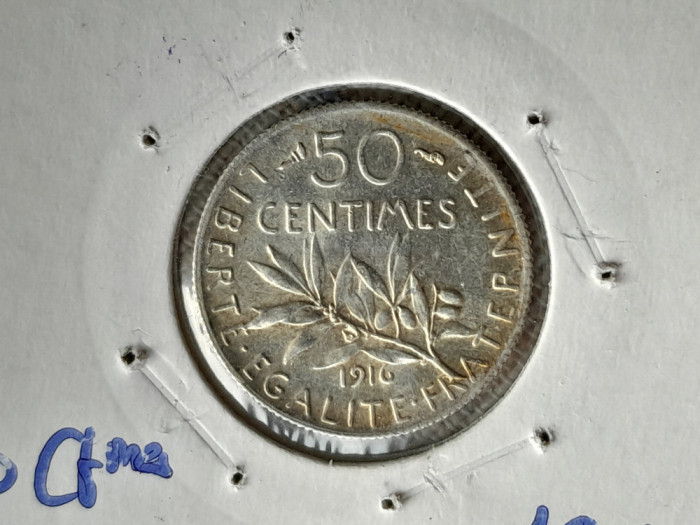 50 CENTIMES 1916 UNC -argint -FRANTA