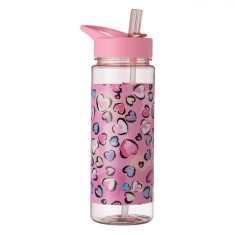 Sticlă Apă Copii, Roz, Multicolor, Capacitate 0,65L, Model Inimi, Pai Flip Top, Plastic