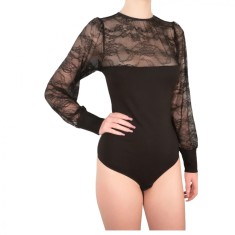 Body din bumbac cu maneci din dantela BO422 - XL - Negru - Clasic