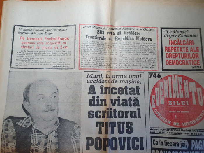 evenimentul zilei 1 decembrie 1994- moarte scriitorului titus popovici