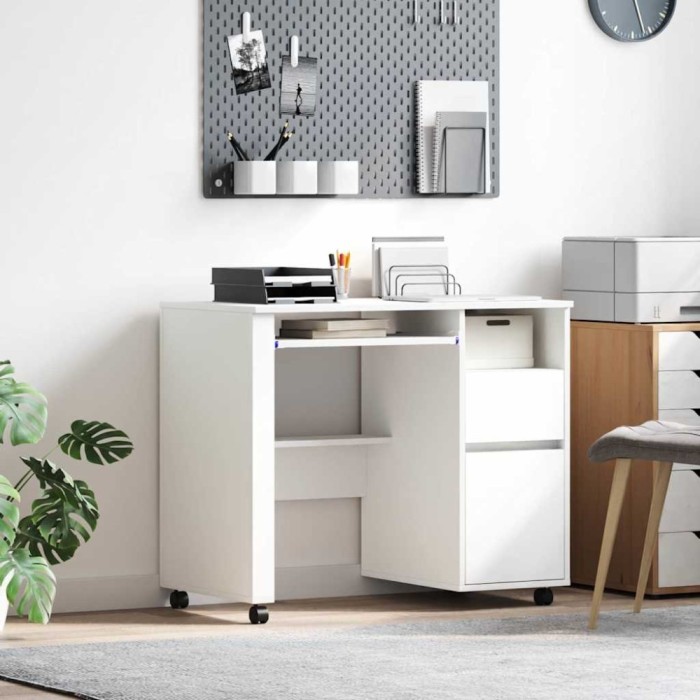 vidaXL Birou cu Roți cu sertar Alb 91 x 50 x 77 cm Lemn compozit 869530