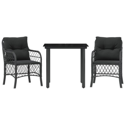 Set bistro cu perne, 3 piese, negru, poliratan foto