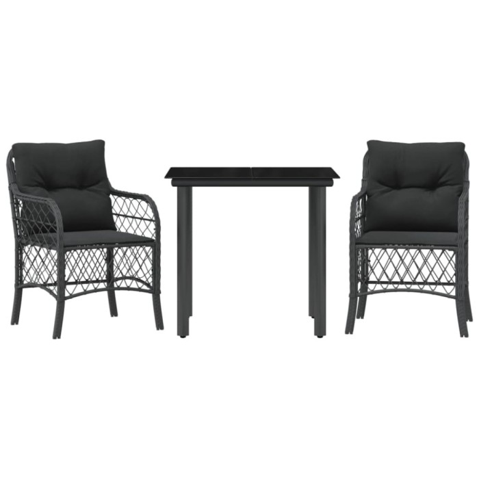 Set bistro cu perne, 3 piese, negru, poliratan