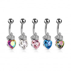 Piercing buric, din oțel - inimă cu coroană cu cristale, diverse culori, placată cu rodiu - Culoare: Roz