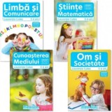 Set patru carti, A4, grupa mare 5-6 ani: 1. Domeniul Om si Societate; Domeniul Stiinte, Cunoasterea mediului; 2. Domeniul Stiinte, Matematica; Domeniu
