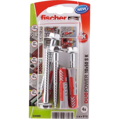 Diblu universal, din nylon, 10 x 50 mm, Fischer Duopower, cu surub, 7 x 69 mm, cu cap hexagonal, TX40, set 4 bucati foto