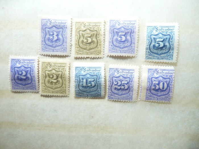 Lot timbre Salvador 1895 oliv- 1897 albastru si 1898 violet -Porto