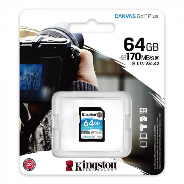 Sd card kingston 64gb canvas go plus clasa 10 uhs-i speed up to 170 mb/s